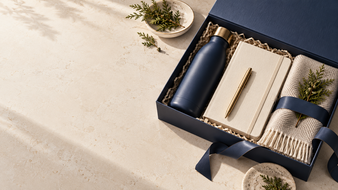 Gifty corporate gifting in Vancouver with a premium gift box, insulated bottle, notebook, pen and textile