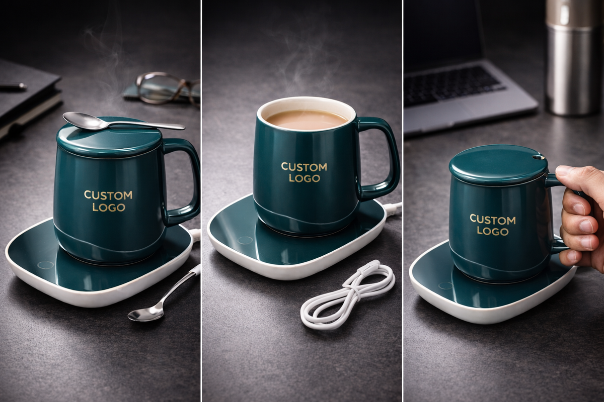 Custom logo USB heated mug set, main product presentation