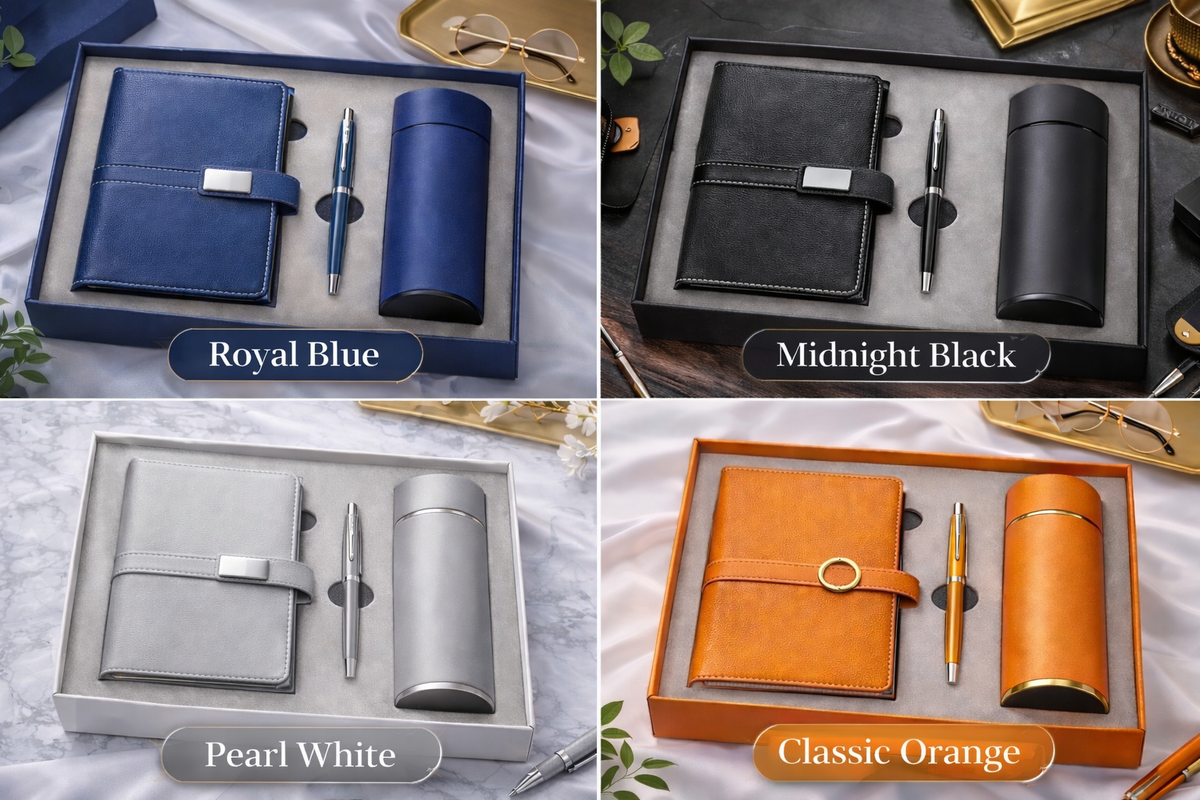 Executive notebook, pen and smart flask gift set, main product presentation