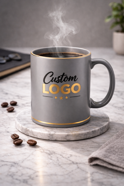 Custom logo ceramic mug, additional colour and finish