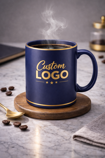 Custom logo ceramic mug, close-up product view
