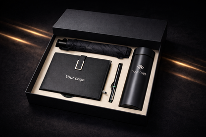 Executive umbrella, flask, notebook and pen gift set, available colour option