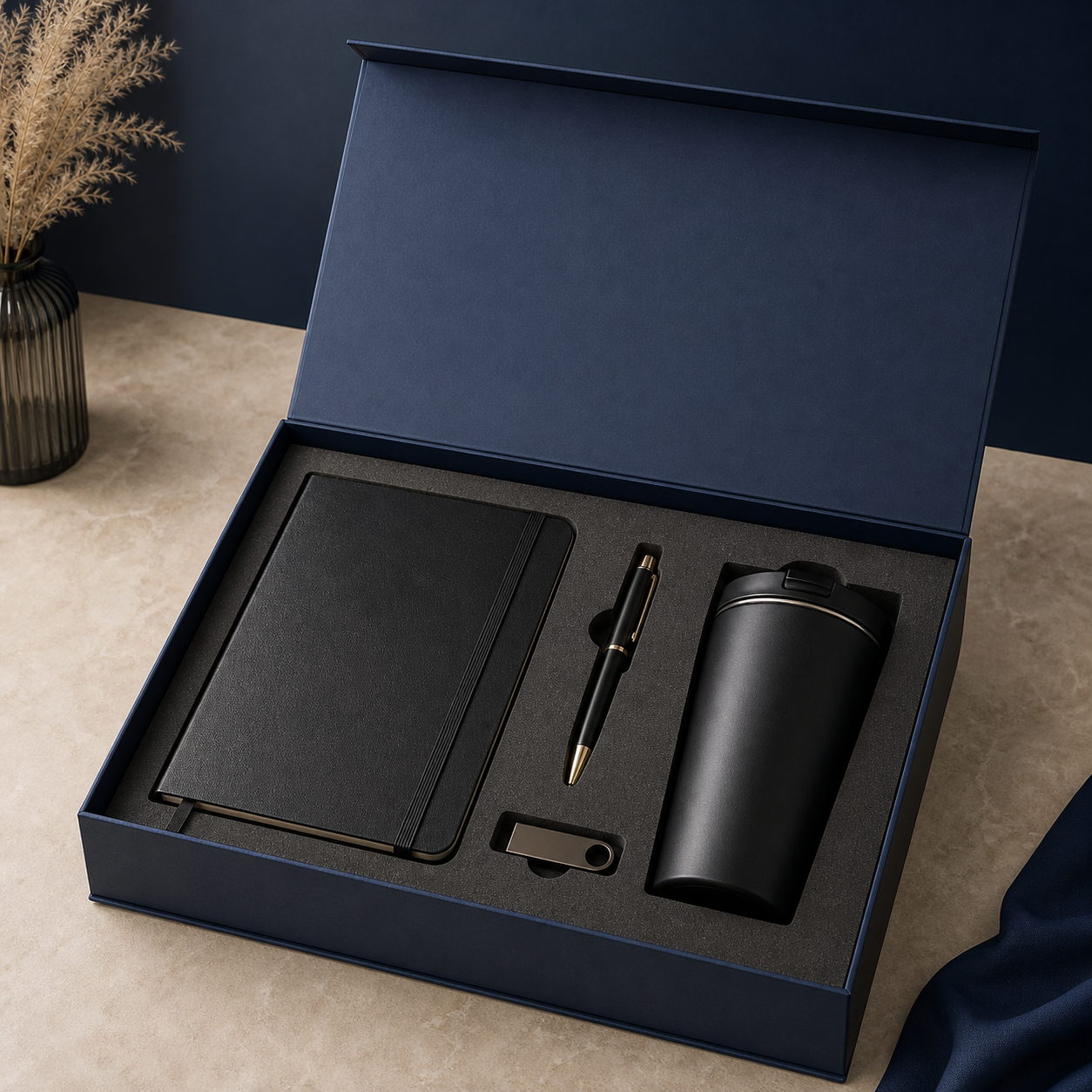 Concept mockup of a navy executive gift set with notebook tumbler pen and USB