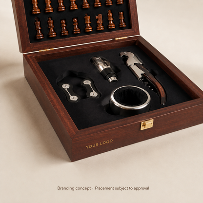 AI branding concept showing a possible YOUR LOGO placement on the Grandmaster case front; placement and finish require approval.