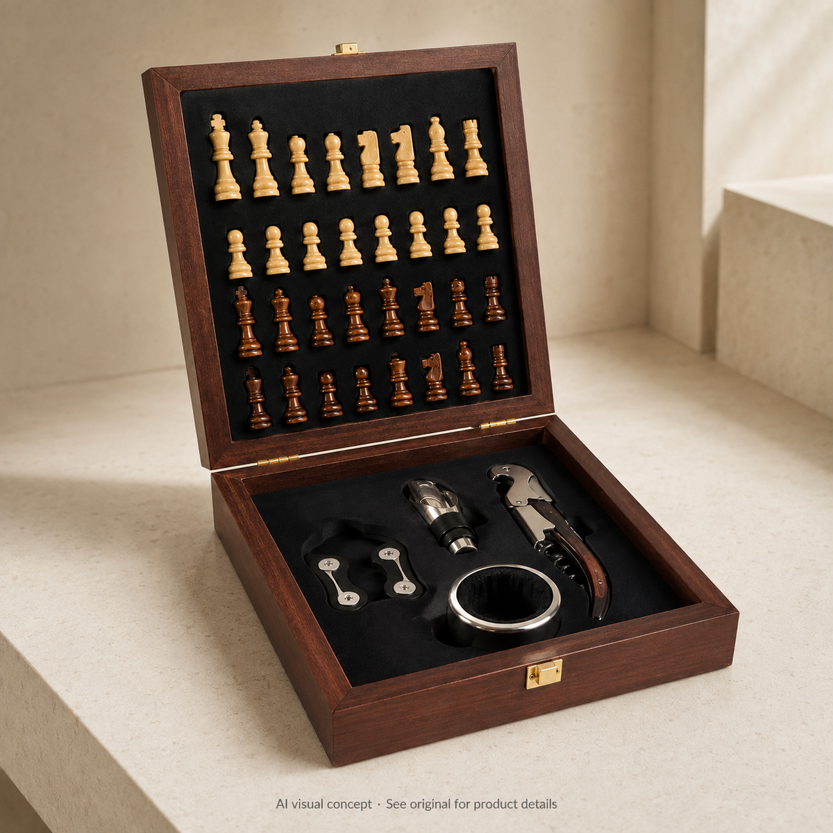 AI visual concept: Grandmaster open wood presentation case with the original chess-piece layout and four accessories; refer to the original product image.