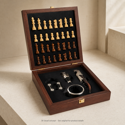 AI visual concept: Grandmaster open wood presentation case with the original chess-piece layout and four accessories; refer to the original product image.