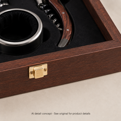 AI detail concept of the Grandmaster case wood front, gold-colour latch and accessory foam; not a material specification.