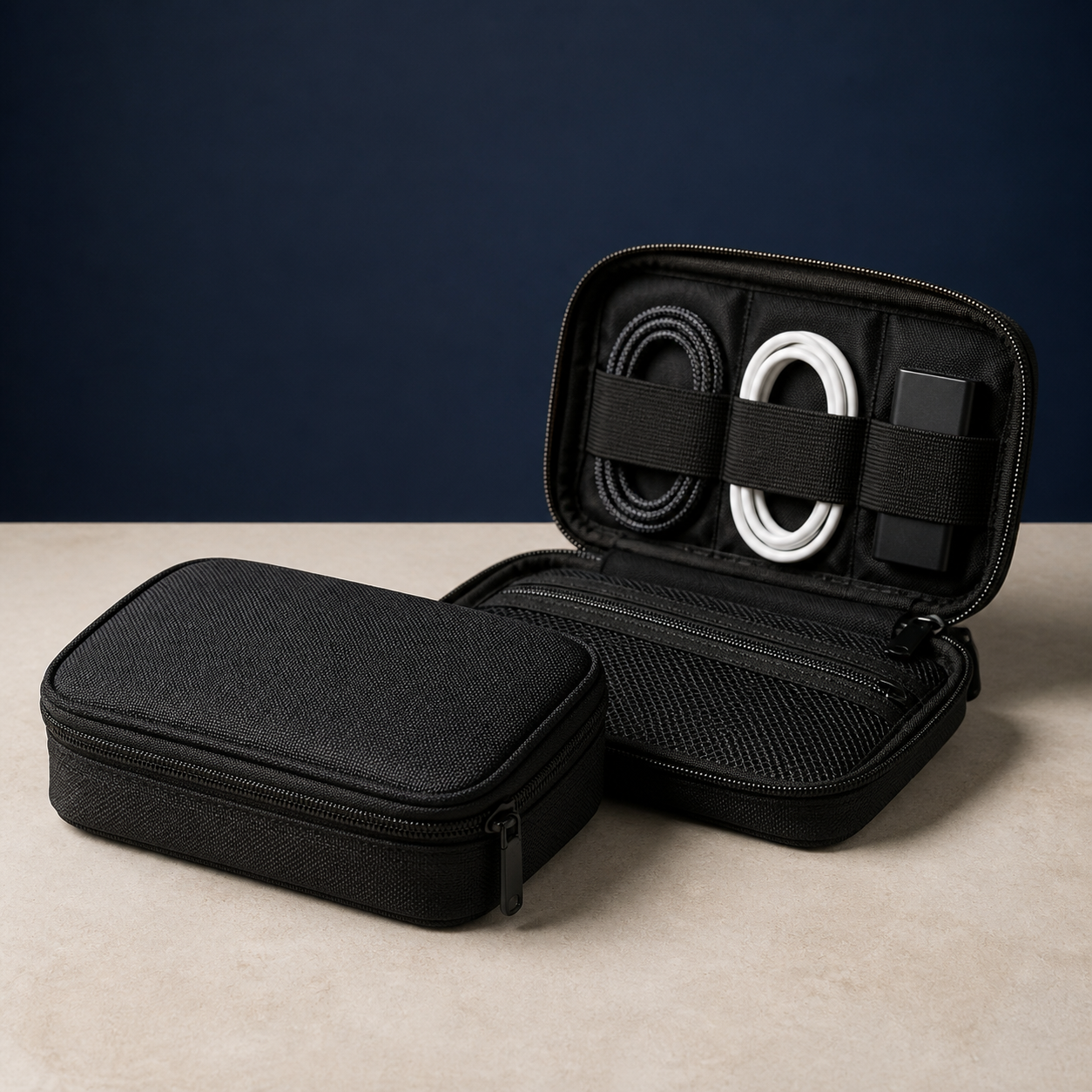 Concept mockup of a black custom logo travel tech organizer pouch