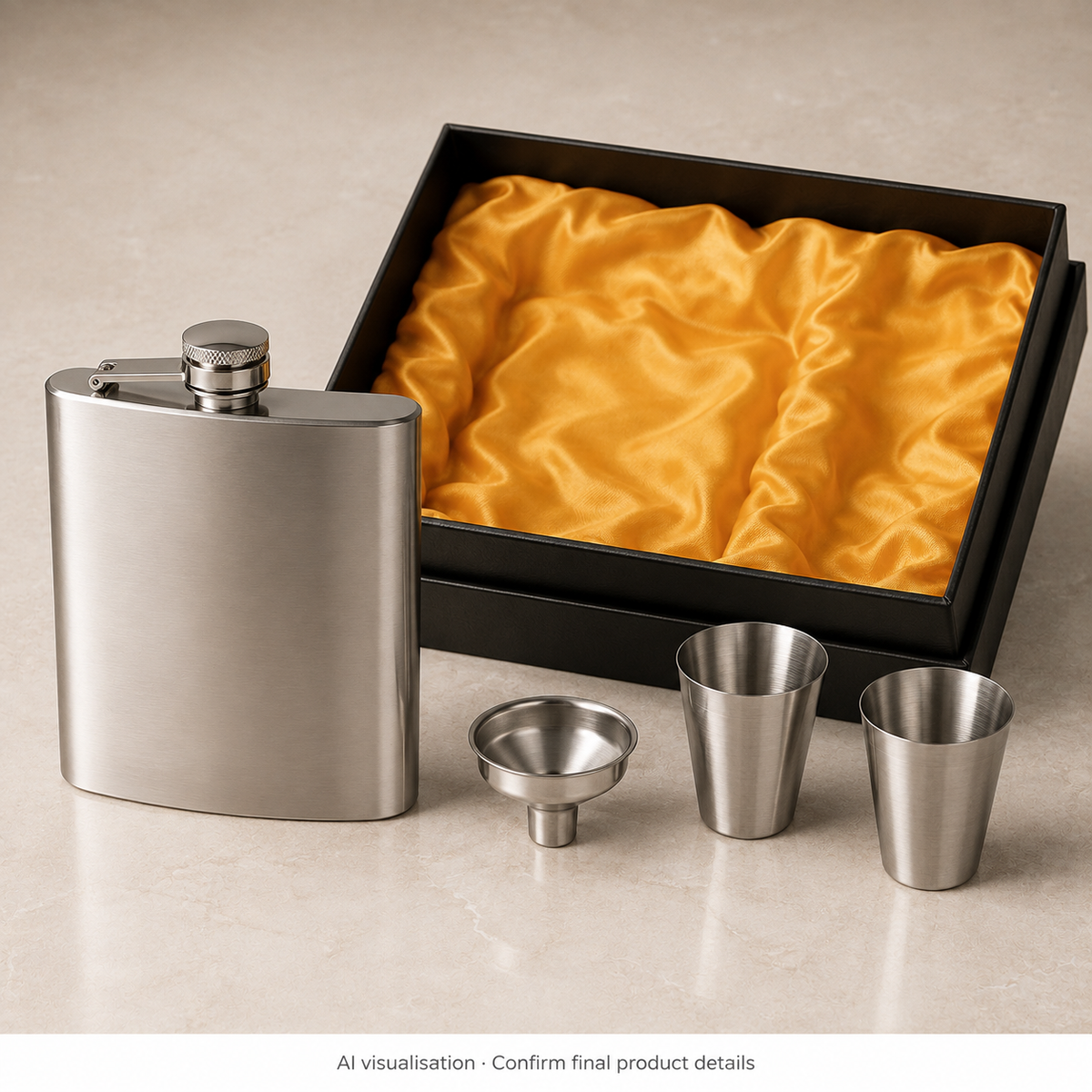 Classic stainless flask, funnel and two cups — complementary presentation — AI visualisation