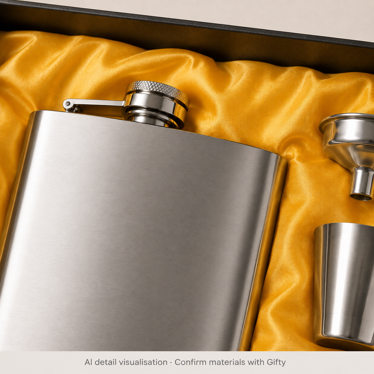 Classic stainless flask, funnel and two cups — surface detail; materials require confirmation — AI visualisation