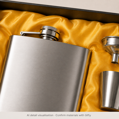 Classic stainless flask, funnel and two cups — surface detail; materials require confirmation — AI visualisation