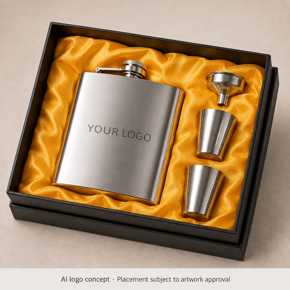 Classic stainless flask, funnel and two cups — YOUR LOGO placement concept; approval required — AI visualisation
