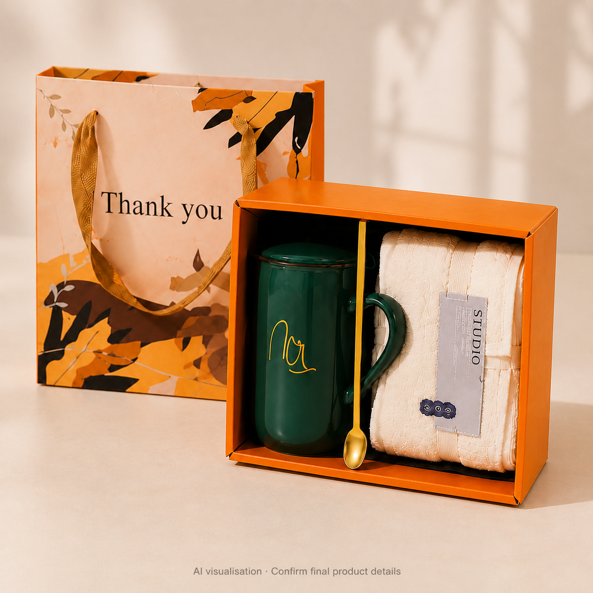 Comfort gift box with green mug, cream towel, gold-tone spoon and coordinating bag — AI-assisted visualisation