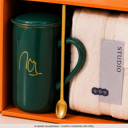 Comfort gift box green mug, spoon and towel detail — AI visualisation, materials subject to confirmation