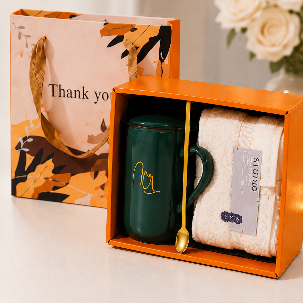Comfort gift box with green mug, cream towel, gold-tone spoon and orange packaging — AI-assisted product visualisation
