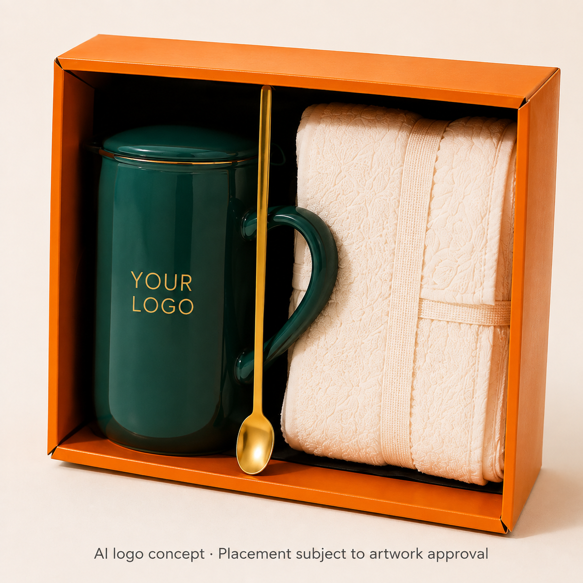Comfort green mug with YOUR LOGO placement concept — AI visualisation, artwork approval required