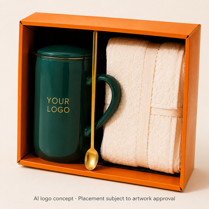 Comfort green mug with YOUR LOGO placement concept — AI visualisation, artwork approval required