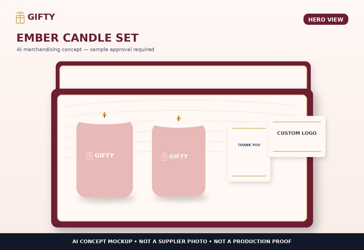 Gifty Ember candle gift set AI concept hero view; supplier sample and safety review required