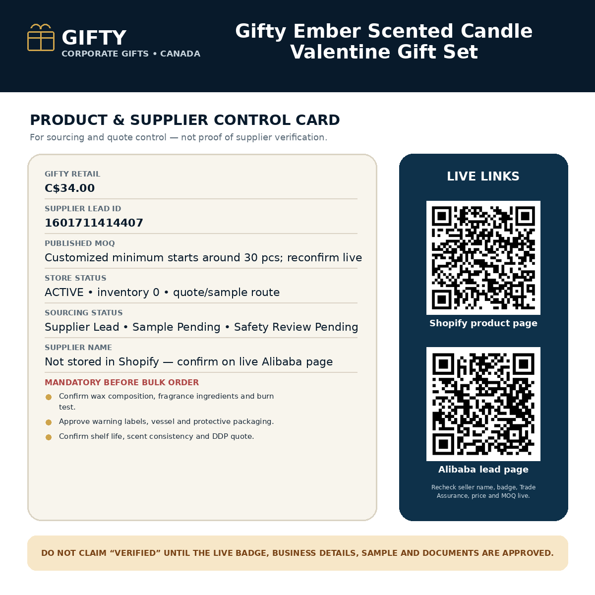 Gifty Ember scented candle gift set supplier control card with price, MOQ, safety review status and verification checklist