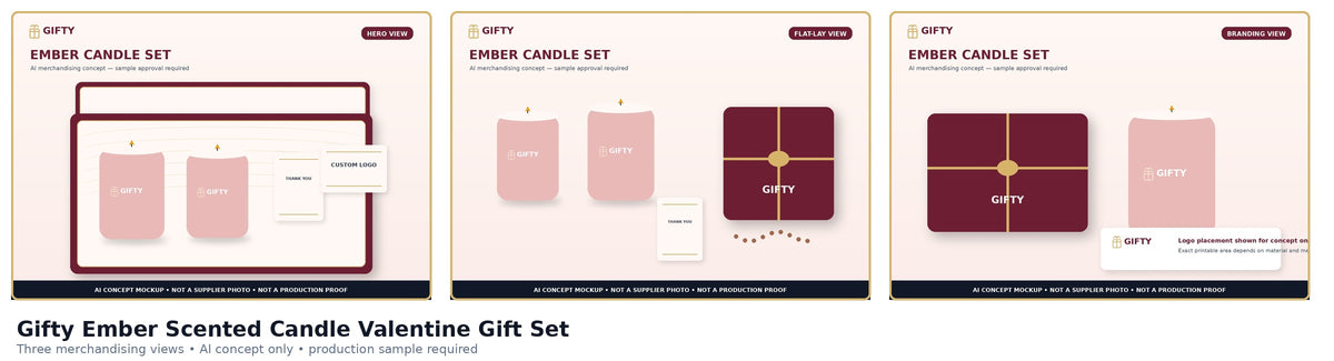 Gifty Ember candle gift set three-view AI concept sheet; not supplier photography