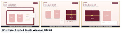 Gifty Ember candle gift set three-view AI concept sheet; not supplier photography