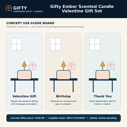 Gifty Ember scented candle gift set use-scene planning board; concept context only, safety and sample approval required