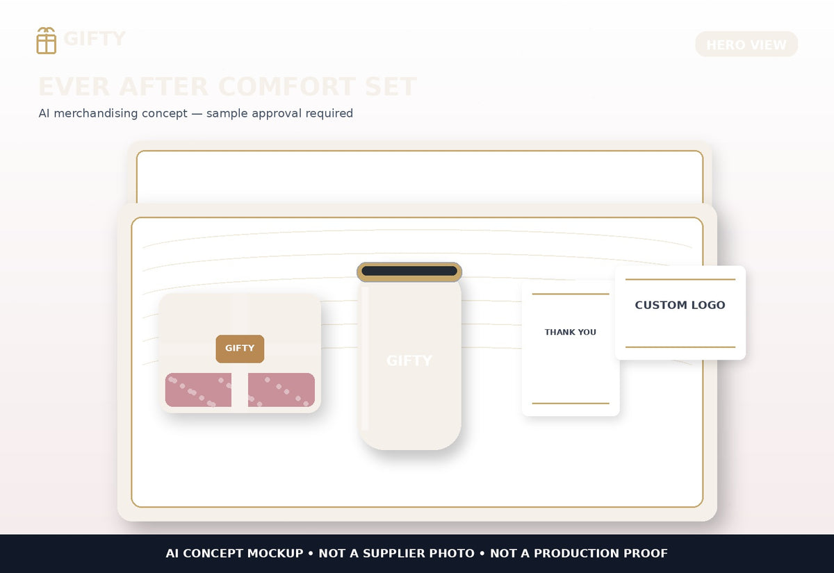 Gifty Ever After wedding comfort gift set AI concept hero view; supplier sample approval required
