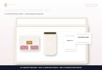 Gifty Ever After wedding comfort gift set AI concept hero view; supplier sample approval required