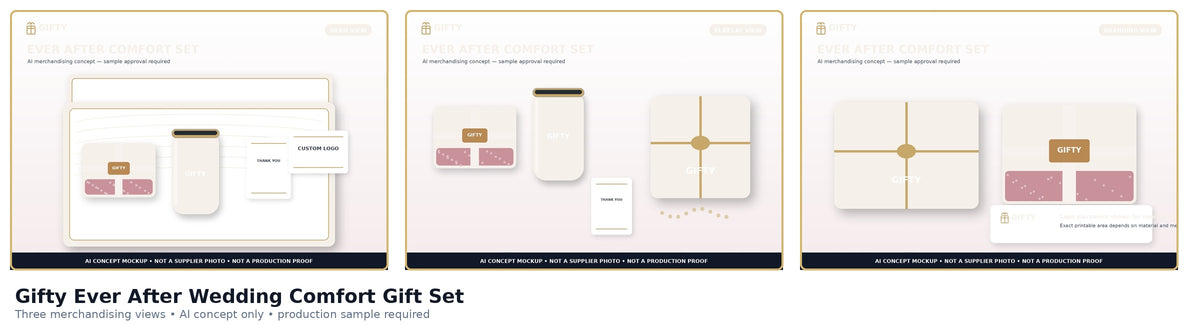 Gifty Ever After wedding comfort set three-view AI concept sheet; not supplier photography