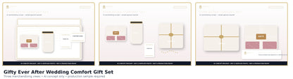 Gifty Ever After wedding comfort set three-view AI concept sheet; not supplier photography
