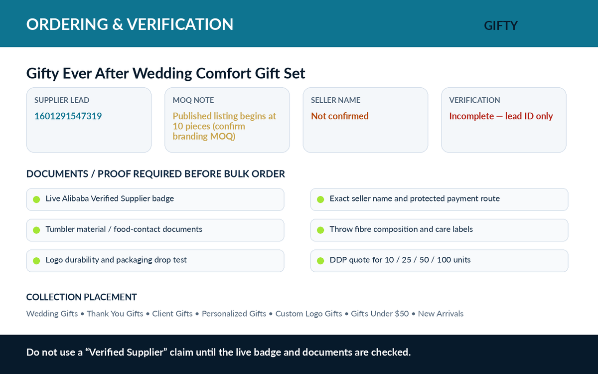 Gifty Ever After Wedding Comfort Gift Set ordering and supplier verification requirements