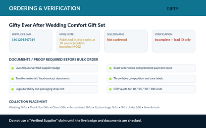 Gifty Ever After Wedding Comfort Gift Set ordering and supplier verification requirements