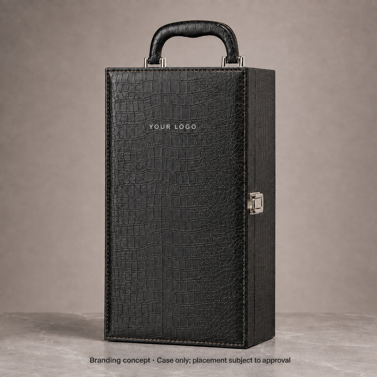 AI branding concept for the Executive Double Wine Carrier with YOUR LOGO; bottles excluded and placement subject to approval.