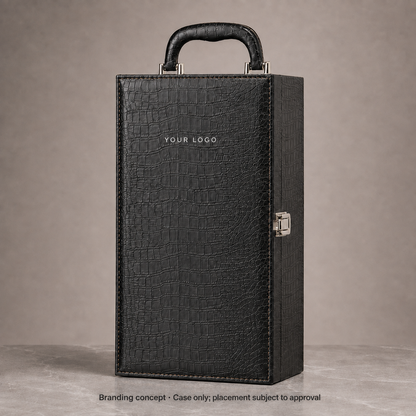 AI branding concept for the Executive Double Wine Carrier with YOUR LOGO; bottles excluded and placement subject to approval.
