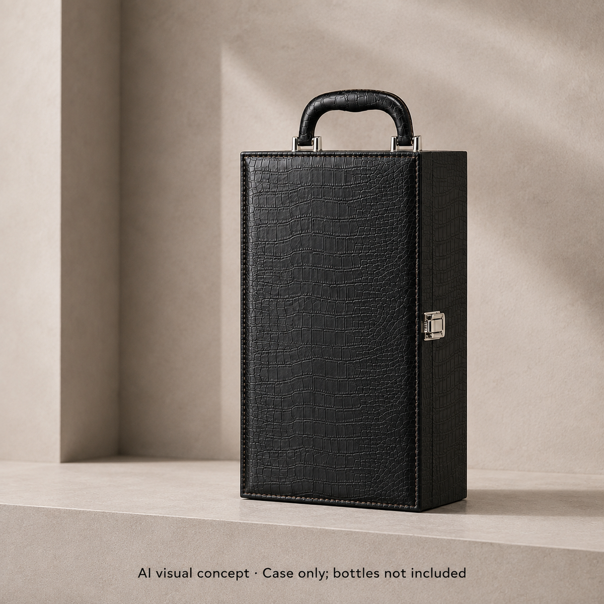 AI visual concept of one closed Executive Double Wine Carrier with the original black texture and silver-colour hardware; bottles not included.