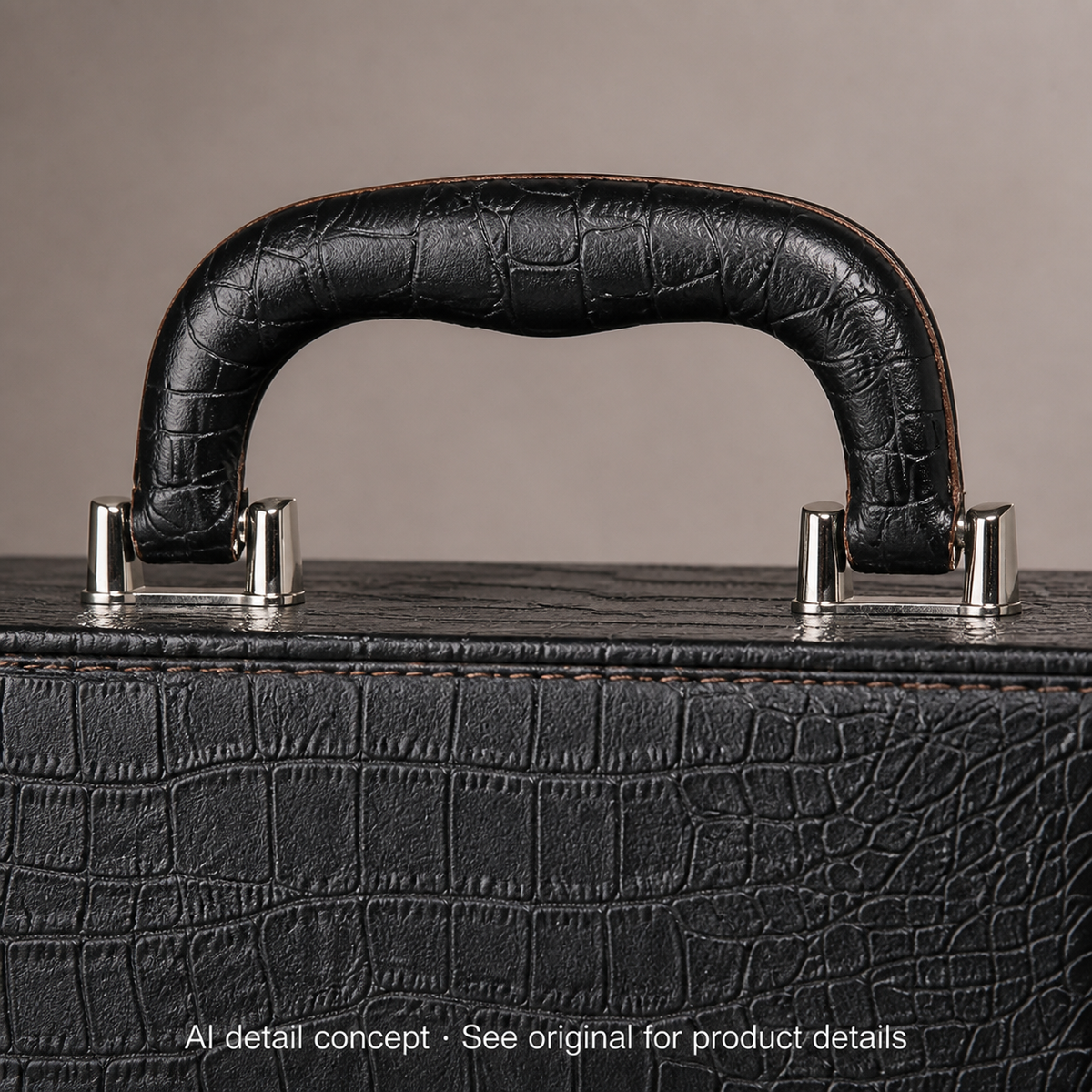 AI detail concept of the Executive Double Wine Carrier's handle, silver-colour posts and upper seam; not a material specification.