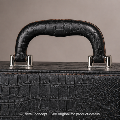 AI detail concept of the Executive Double Wine Carrier's handle, silver-colour posts and upper seam; not a material specification.
