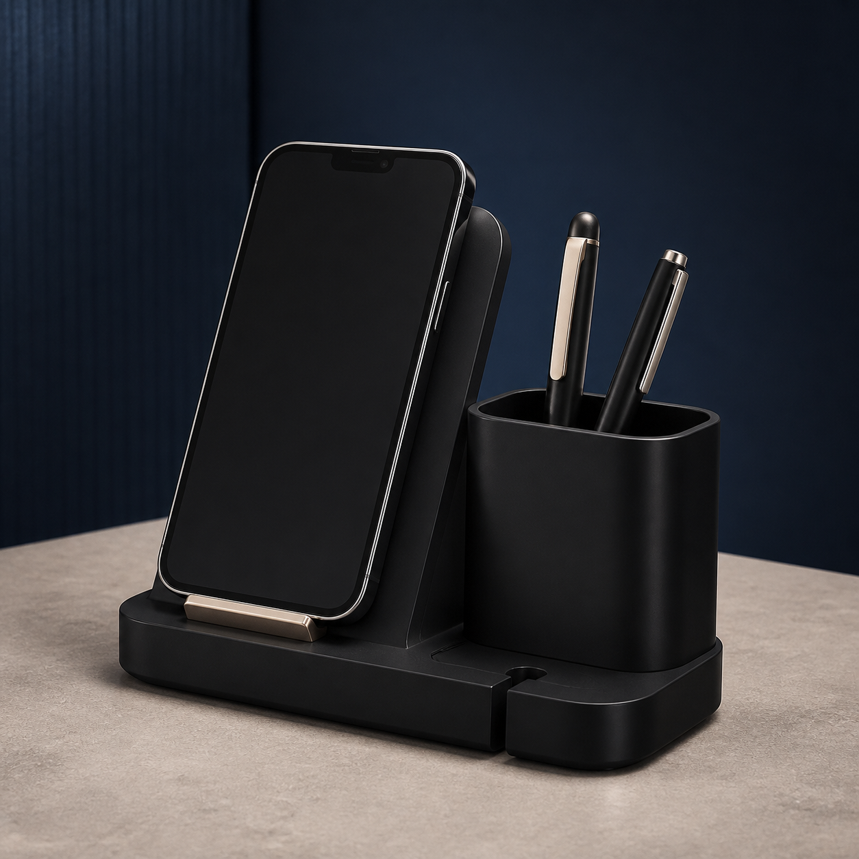 Concept mockup of a matte black wireless charging desk organizer
