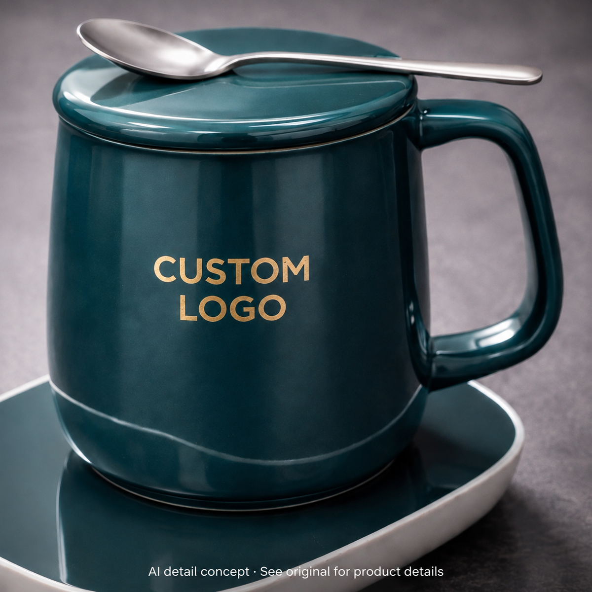 AI detail concept of the Executive USB Heated Mug Set's lid, handle and warming-base edge; no heating-performance claim.