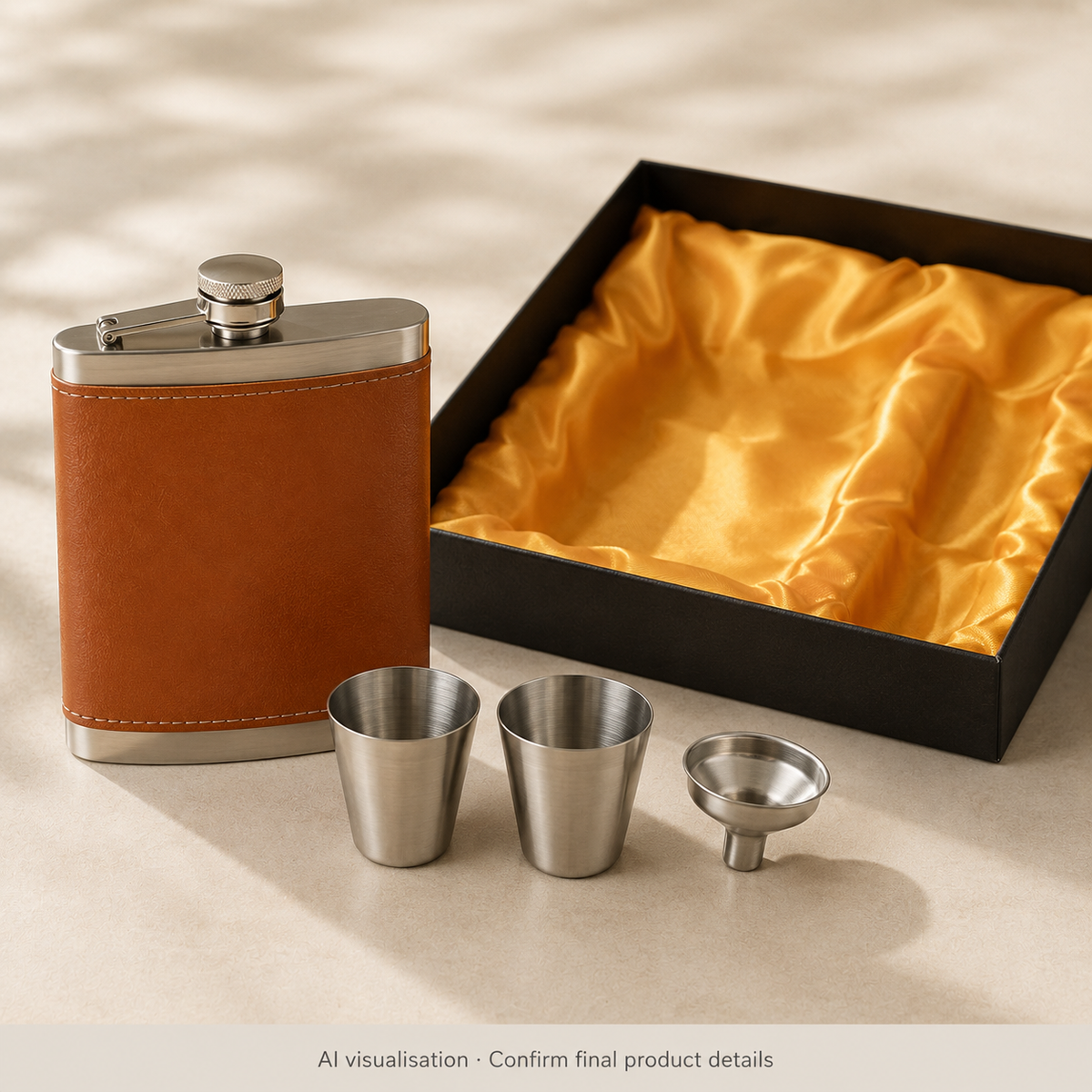 Heritage brown-wrapped flask gift set — complementary arrangement — AI visualisation