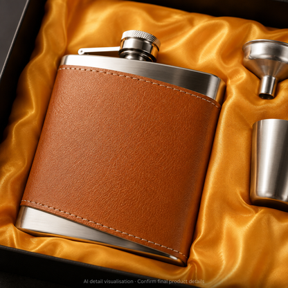 Heritage brown-wrapped flask gift set — wrap and stitching detail; final specification requires confirmation — AI visualisation