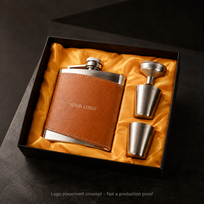 Heritage brown-wrapped flask gift set — YOUR LOGO placement concept; approval required — AI visualisation