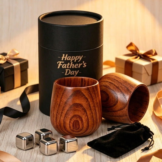 Heritage wooden whiskey cup and chilling stones Father's Day gift set concept
