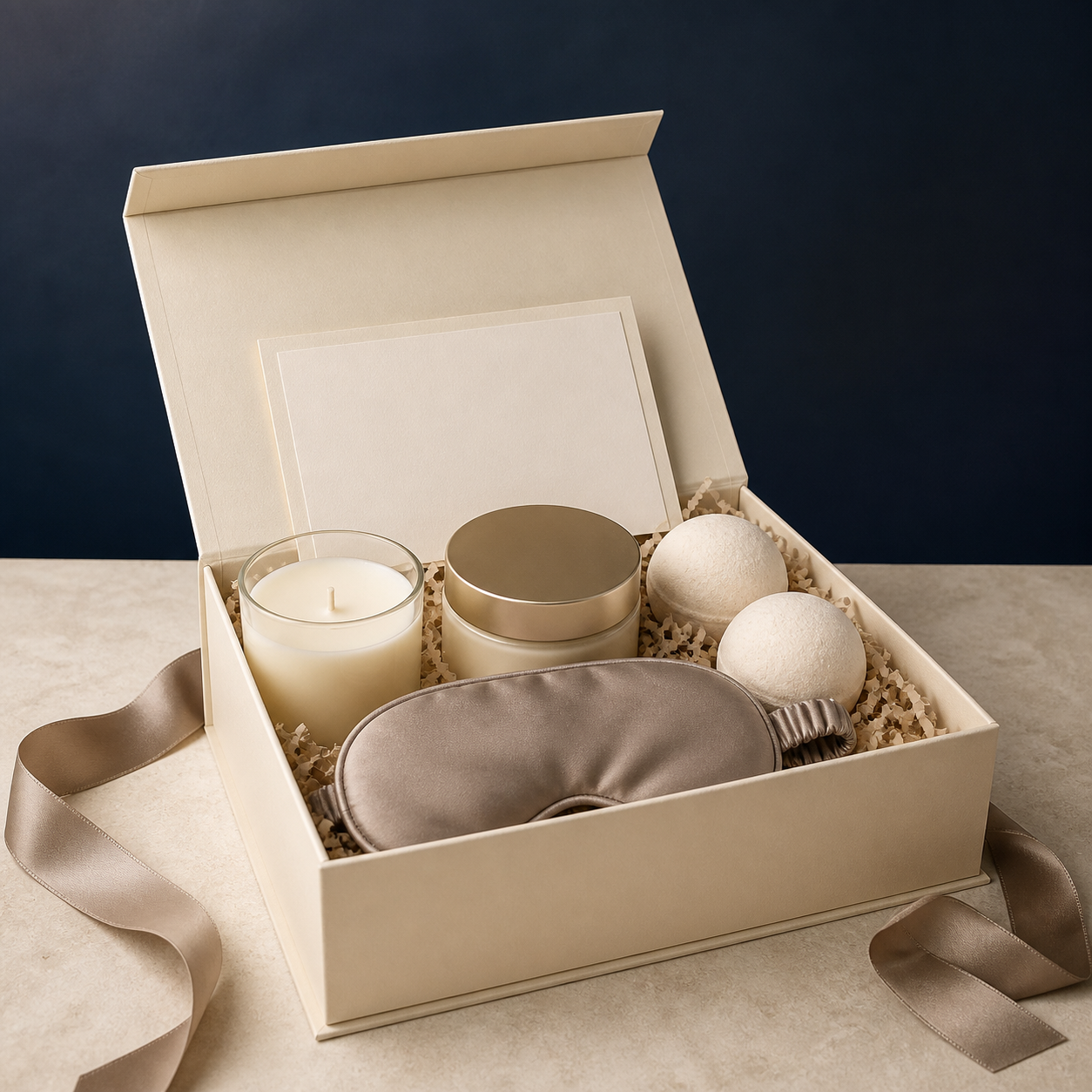 Concept mockup of a neutral corporate self-care gift box