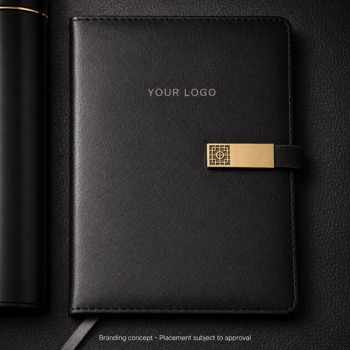 AI branding detail concept for the black notebook in the Gifty Signature Corporate Gift Set; placement and finish subject to approval.