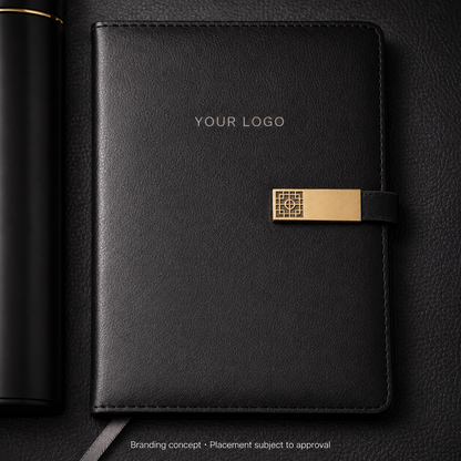 AI branding detail concept for the black notebook in the Gifty Signature Corporate Gift Set; placement and finish subject to approval.