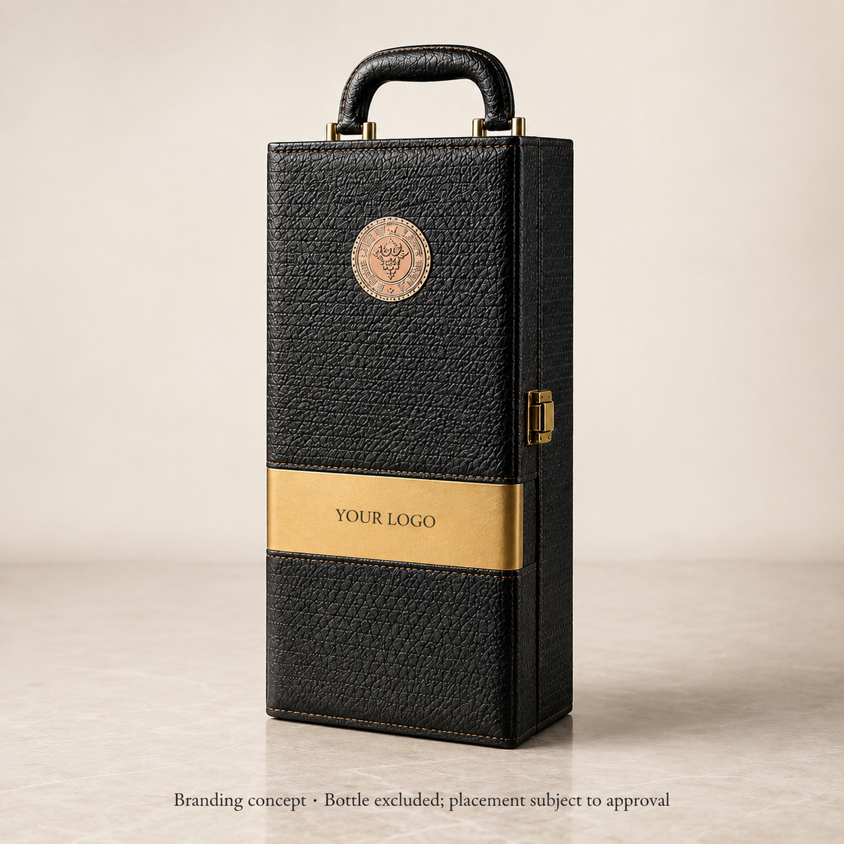 AI branding concept placing YOUR LOGO on the existing gold-colour band of the Signature Single case; bottle excluded and approval required.