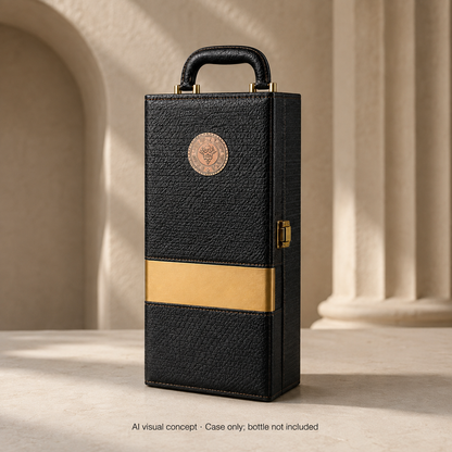 AI visual concept of one closed Signature Single Wine Presentation Case with original gold-colour accents; bottle not included.