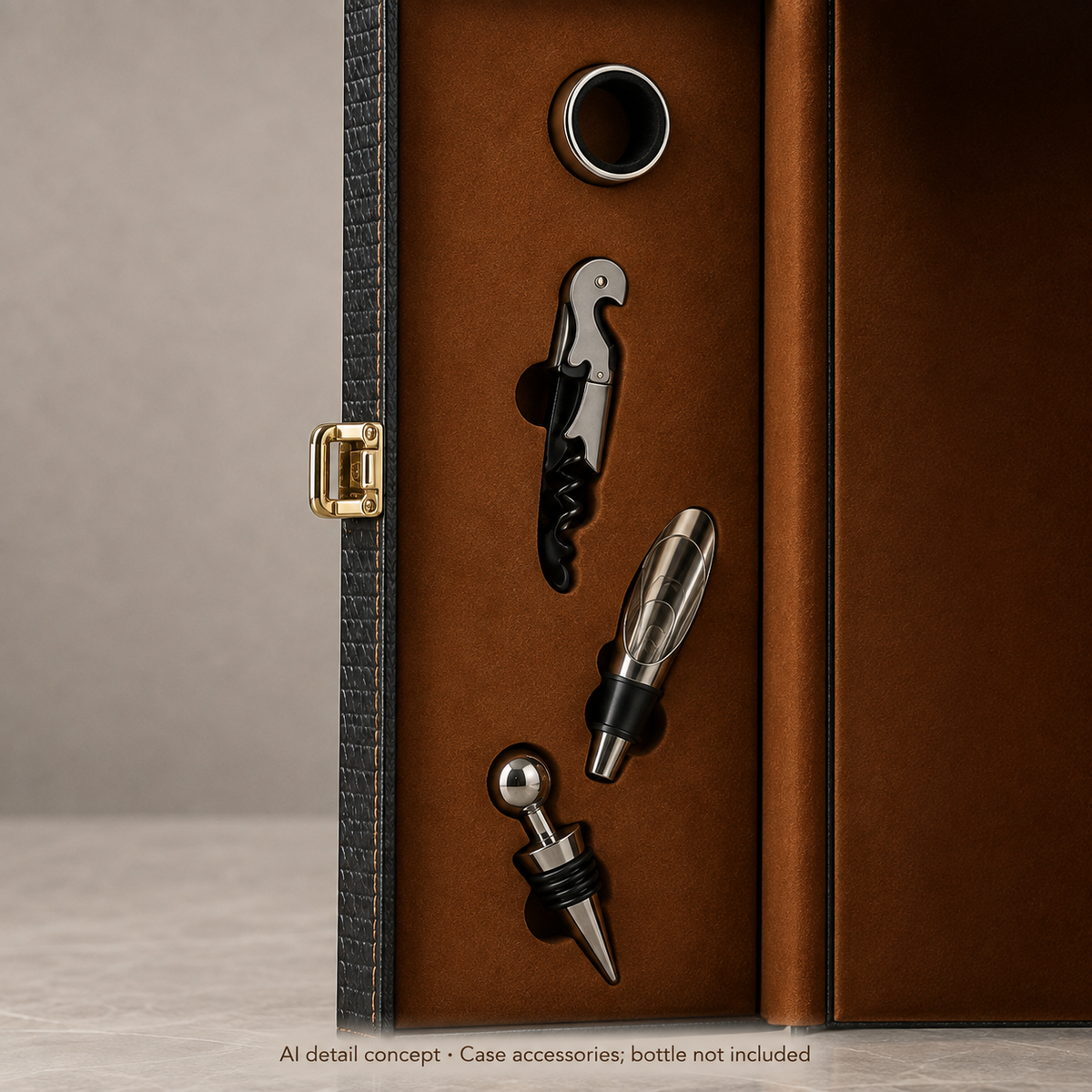 AI detail concept of the Signature Single case's brown accessory panel and four original accessories; bottle not included.