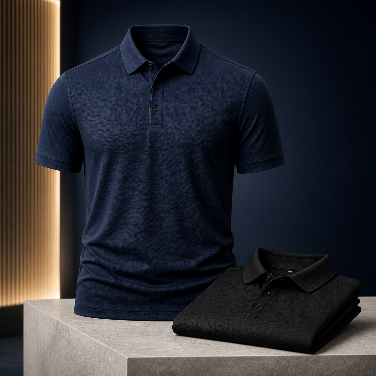 Concept mockup of premium navy and black corporate performance polos